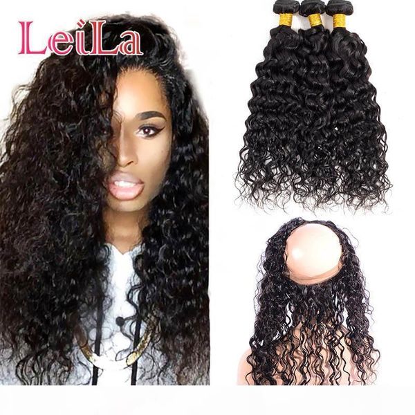 

brazilian human hair water wave 3 bundles with 360 lace frontal 4pieces lot wet and wavy pre plucked lace frontal with bundle hair extension, Black;brown