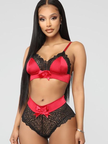

women lace sleeping lingerie nightwear see-through floral fall summer bowknot sling bra briefs, Red;black