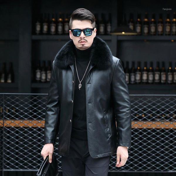 

leather down jacket men's medium and long thick fur collar coat winter middle aged casual fur coat sheep leather jacket1, Black