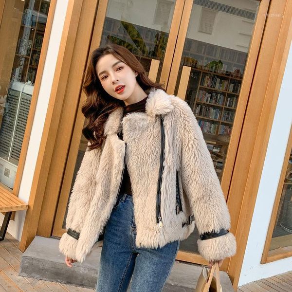 

2020 faux fur jacket winter women fashion splicing leather imitation cashmere plush outerwear locomotive ladies coat sweet chic1, Black