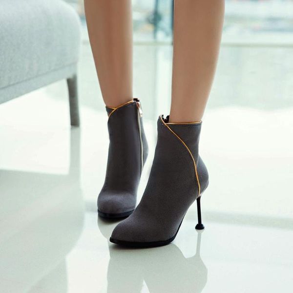 

brand women's shoes pointy boot boots-women zipper fashion pointe high heel ladies leather rubber 2020 ankle flock short1, Black