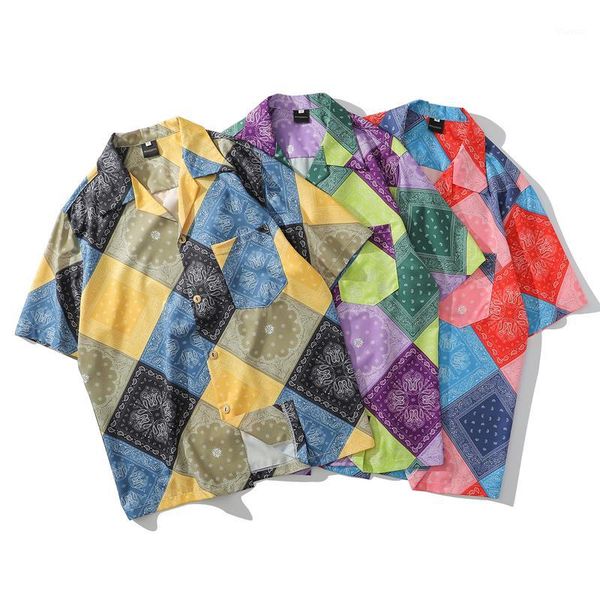 

new hip hop colorful cashew flowers print color block patchwork beach aloha hawaiian shirts streetwear summer short sleeve shirt1, White;black