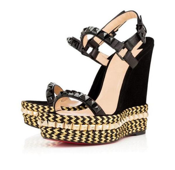 

popular cataclou 120mm studded ladies espadrille wedge gladiator sandals red bottom shoes for women women high heels comfortable, Black