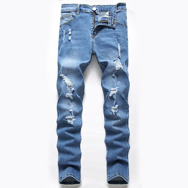 

perforated jeans stretch straight fit men's pants, Blue