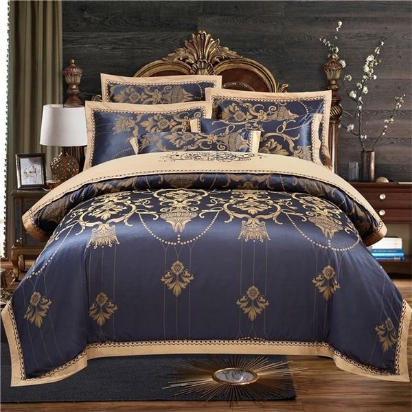 Conjuntos de cama preta de luxo de seda algodão Jacquard Duvet Cobertura de casamento roupa de cama de lençóis em branco 201021