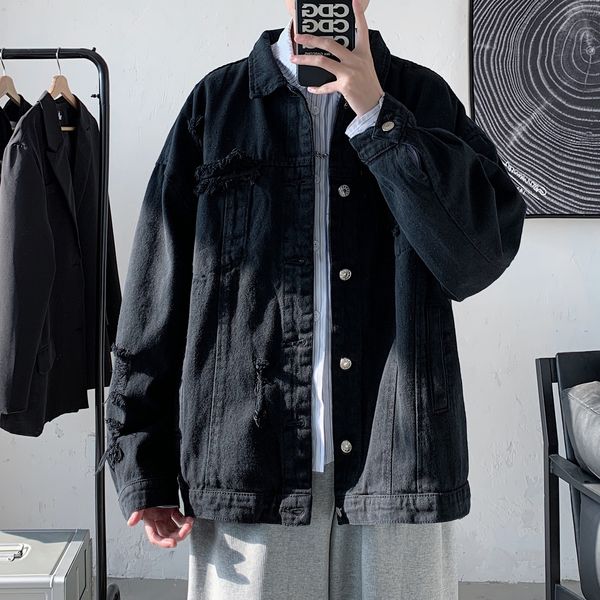 

denim trend loose handsome, versatile, broken hole 2021 korean casual and versatile work jacket men's wear, Black;brown