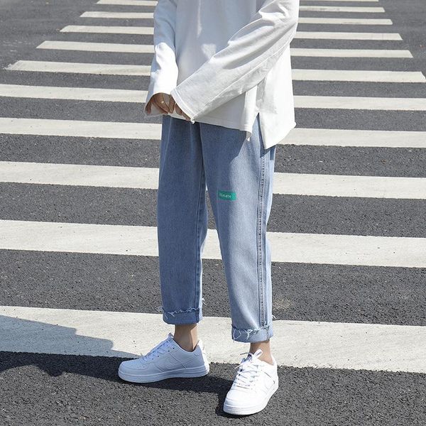 

2020 autumn clothing new style straight capri jeans printed casual men and women hong kong style loose revers straight capri pan, Blue