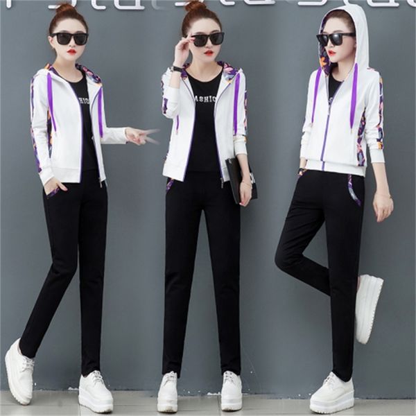 

women's plus size 3 workout suit and casual hoodies + pants with leisure shirt r2m0, White