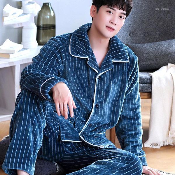 

men's sleepwear coral fleece male pajamas set polyester full trousers men 2pcs/set warm thicken flannel autumn winter man home clothes, Black;brown