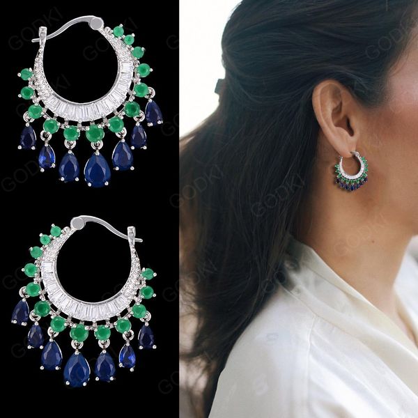 

GODK 34mm Elegant Water Drop Design Green Blue Full Mirco Cubic Zirconia Bridal Wedding Women Tassel Earring Fashion Jewelry CX200707