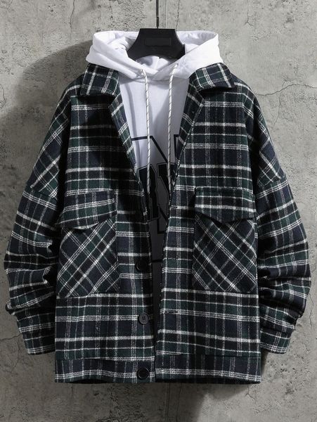 

men 1pc plaid flap pockets single breasted overcoat m35c#, Black;brown