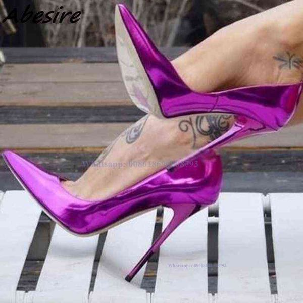 Обувь платье absire 12 см флуоресцентные фиолетовые заостренные насосы на накладки каблуки шпилька патентная кожа от мелкой радужной свадьбы 220303