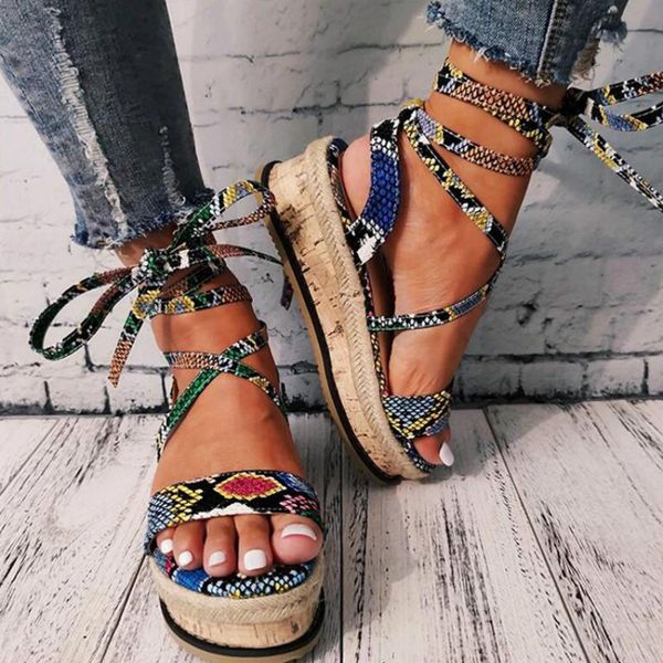 

summer beach women snake pattern sandals platform cross strap ankle sandal lace peep toe party lady shoes zapatos de mujer, Black