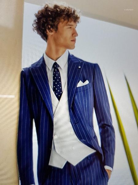 

2020 new arrival royal blue mens striped suit with white vest custom made formal fashion men suit 3 pieces handsome terno1, White;black