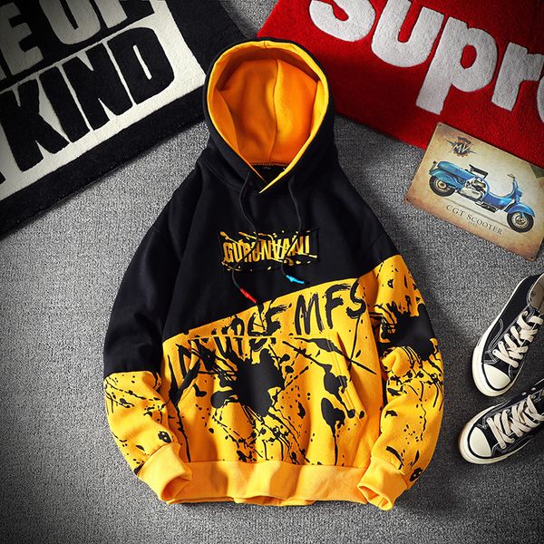 

2021 new harajuku style japanese fashion letter print patchwork hip hop hoodie fleece autumn winter sweatshirt men psjz, Black