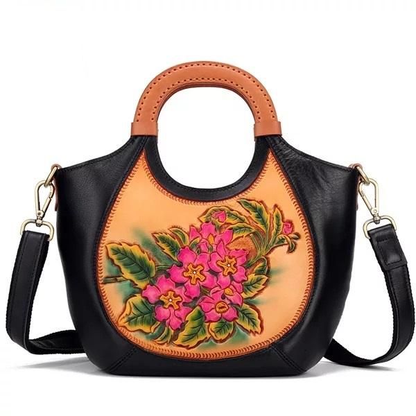 

vintage style genuine leather handmade engraved lady flower purse female handle handbag zipper closure women's shoulder bag