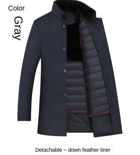 

men's wool & blends coat men thick detachable duck down liner woolen mens winter warm trench long overcoat england style, Black