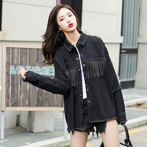 

2020 autumn new denim jacket female beaded tassel stitching black loose wild tide women jacket coat fashion1, Black;brown