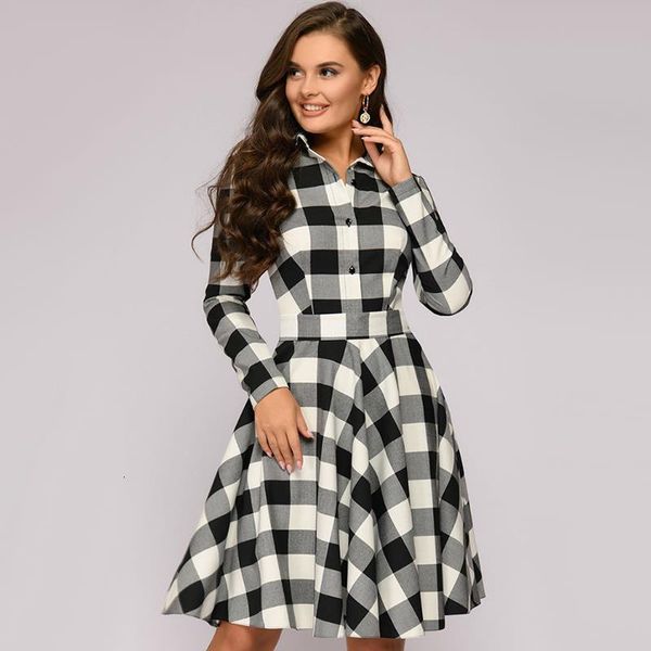 

elegant plaid dress women turn-down collar long sleeve knee-length dress female sashes vintage autumn office lady dress vestidos, Black;gray