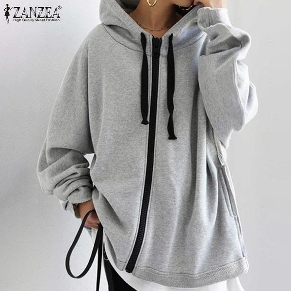 

zanzea stylish women hoodies sweatshirt coats autumn hooded zipper jackets casual long sleeve solid outwear plus size streetwear, Black