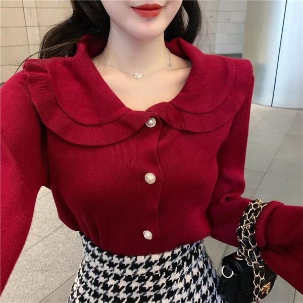 

women knitted full sleeve slim ruffles sweaters cardigans lady single breasted full flare sleeve sweet sweater for female, White;black