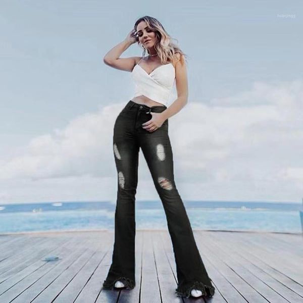 

women flare jeans high waisted fringe denim skinny pants stretch jeans female wide leg bell bottoms clothes1, Blue