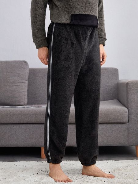 

men contrast tape side teddy sleep pants 44oj#, Black;brown