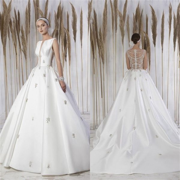 

crystal design wedding dresses beads appliqued lace ruched satin bridal gowns sweep beading robes de mariÃ©e custom made, White