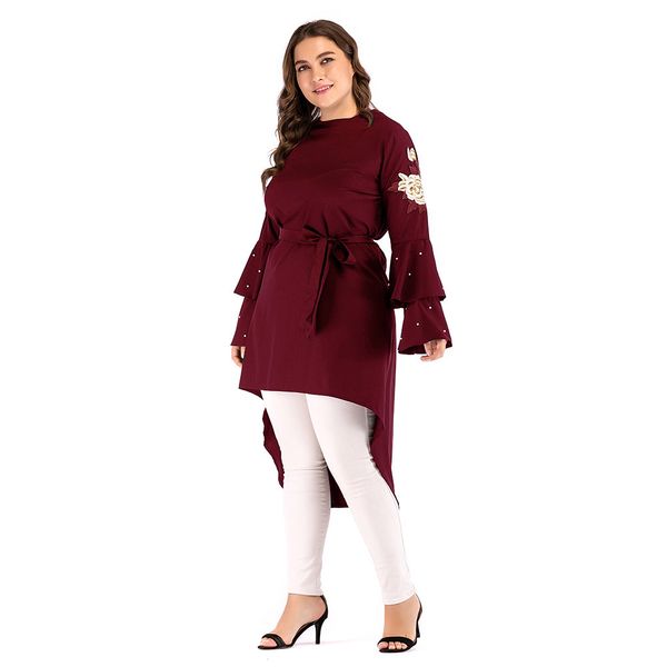 

new muslim beading lace-up embroidered women long flare sleeve irregular dovetail pullovers islamic clothing plus size 5xl, White