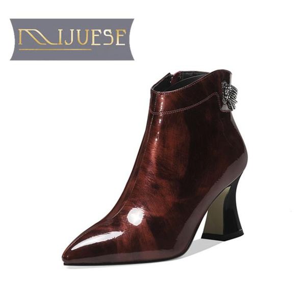 

mljuese 2021 women ankle boots cow leather winter short plush pointed toe zipper high heels female boots size 39, Black