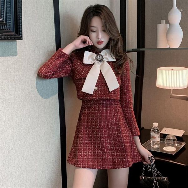 

women fashion outfits two pieces skirt sets 2020 spring bowtie tweed jackets&sleeveless mini dress suits chic 2 piece dress sets1, White