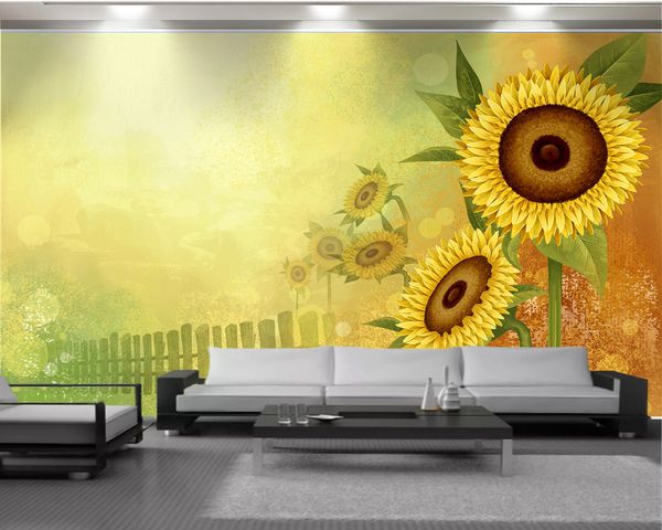 Costume floral moderno papel de parede 3D sonhador amarelo do girassol Romântico Flora Silk decorativa 3d Mural Wallpaper