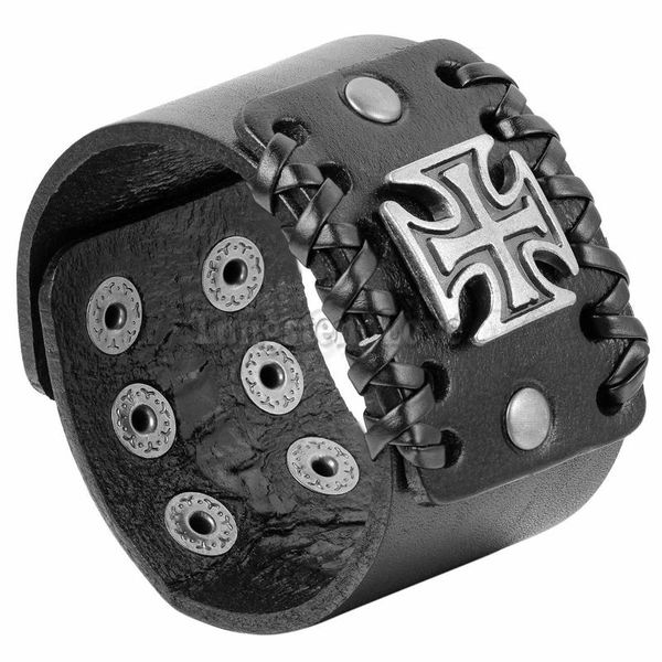 

fashion 4.4cm wide brown / black leather bracelet cross women mens bangle size adjustable pulseira masculina couro, Golden;silver
