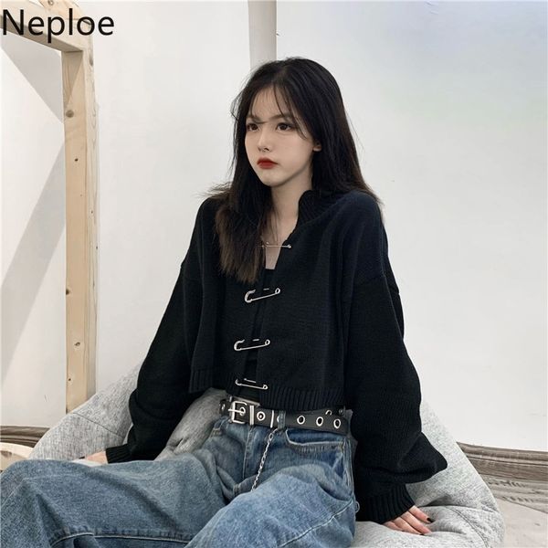 

neploe female sweaters pin open stitch solid vintage style cardigan black women's clothing moda feminina ladies 81185 201202, White;black