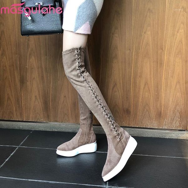 

masgulahe 2020 fashion over the knee boots women pointed toe flat platform suede leather boots zip cross tied thigh high1, Black