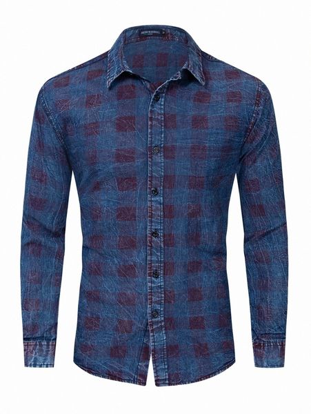 

men button up gingham denim shirt l074#, Blue
