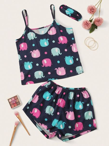 

plus cartoon elephant & polka dot cami pj set with eye cover e2r6#, Black;white