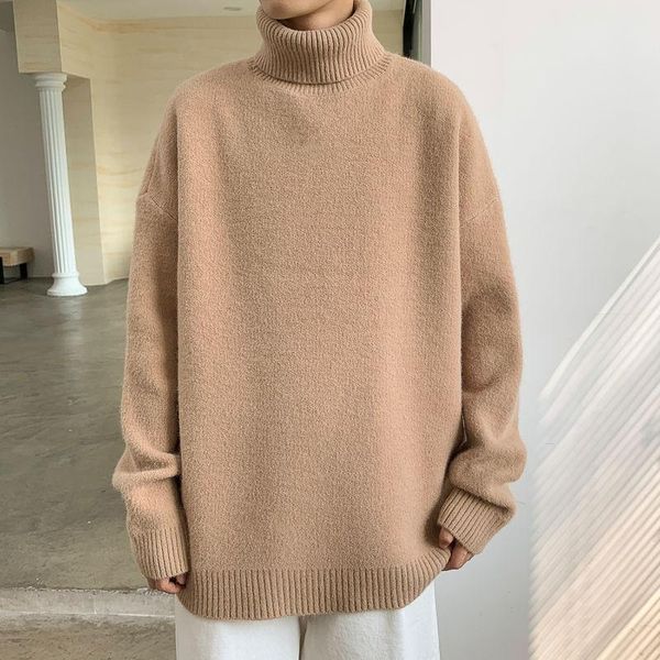 

winter slim turtleneck sweater men's warm fashion retro casual knitted pullover men streetwear korean style plush sweater mens, White;black