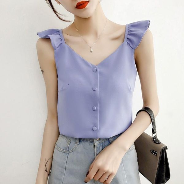 

tank summer ruffles chiffon button tank fashion women sleeveless shirt casual solid blouse drop shipping, White