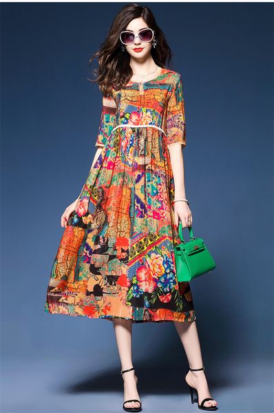 

2021 new new floral printing fashion casual summer dresses loose dressed in silk from the vintage of ethnic women wxf767 clothes l1wj, Black;gray