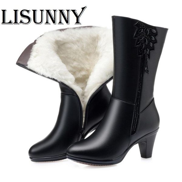 

boots 2021 women winter long cow leather heel wool warm female tassel, Black