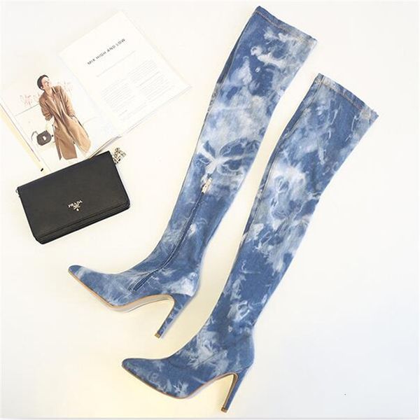 

2021 new women with thick on their knee tall shoe bottles pointed finger bounces zipper denim jeans blue hole boots mujer r8us, Black