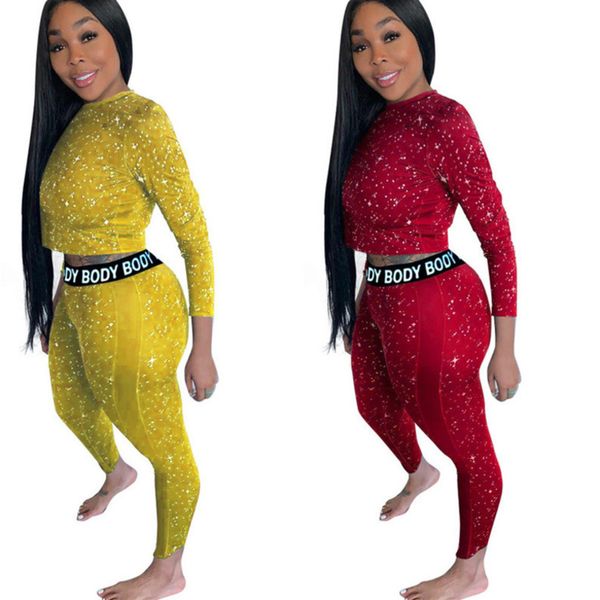 

women bodysuit tracksuit body letters printed long sleeves t shirts star shining crop pullover leggings pants two pieces outfit g20101, White