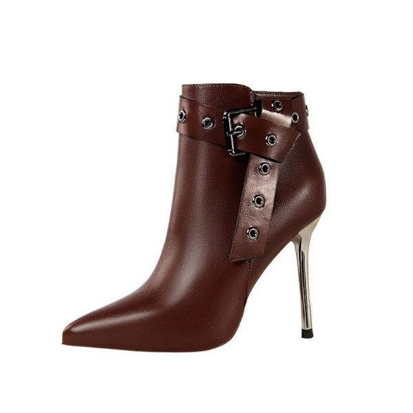 

2021 new women pu leather ankle ladies zip buckle strap thin high heels shoes woman fashion party winter boots hvot, Black