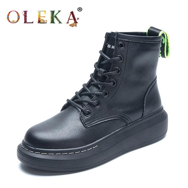 

oleka leather mid-calf winter boots for women platform riband round toe winter boots leisure style work & safety new as685, Black