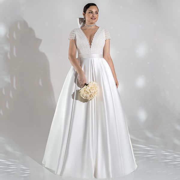

unique short sleeves lace wedding dress plus size v neck a line sweep train corset bridal gowns vestido de noiva, White