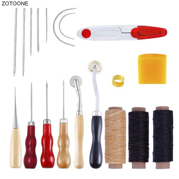 

sewing notions & tools 19pcs/set handmade diy leather tool set hand thread needle thimble scribing wheel hook cone art, Black