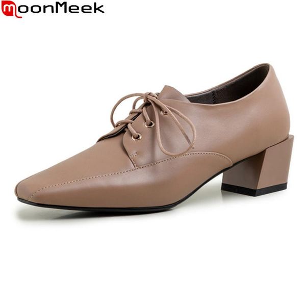 

dress shoes moonmeek 2021 spring autumn women genuine leather lace up casual thick heels square toe fashion pumps, Black