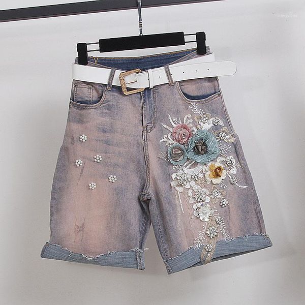 

women's jeans, floral beading jeans, summer fashion appliques floral half jeans1, Blue