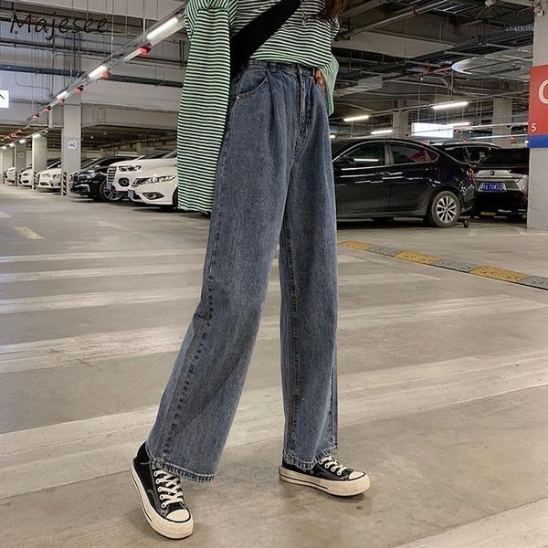 

chic jeans women wide leg fashion trendy bf oversize vintage all-match casual daily basic solid denim womens rolled trousers new1, Blue